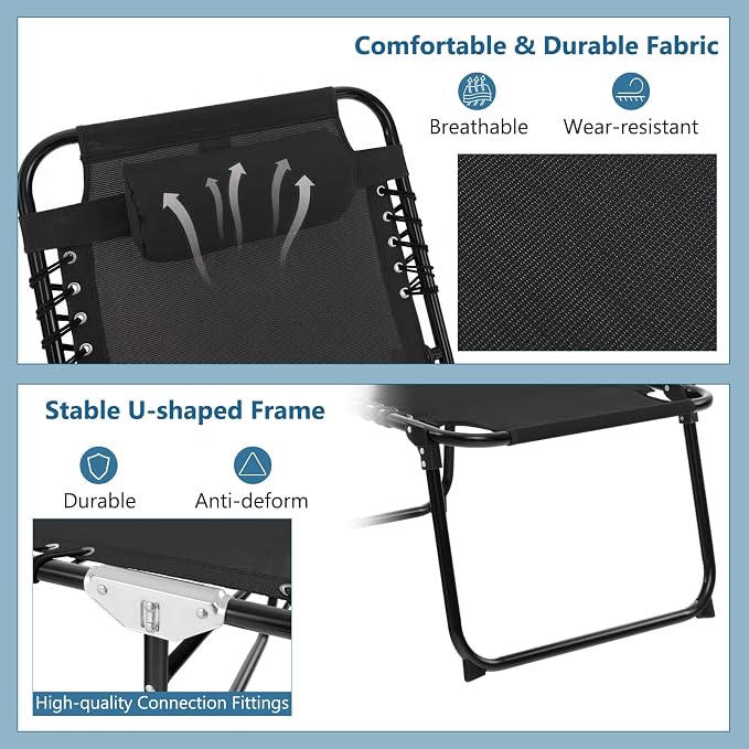 Giantex Patio Lounge Chairs for Outside - Folding Tanning Chair w/Headrest, 4 Adjustable Positions, Side Pocket, Outdoor Chaise Lounge for Camping, Pool, Sunbathing Beach Chair, Black