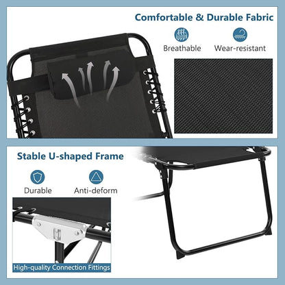 Giantex Patio Lounge Chairs for Outside - Folding Tanning Chair w/Headrest, 4 Adjustable Positions, Side Pocket, Outdoor Chaise Lounge for Camping, Pool, Sunbathing Beach Chair, Black