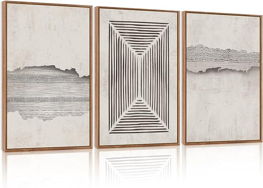CHDITB Modern Abstract Canvas Wall Art, Neutral Framed Art Prints, Black Beige Large Wall Painting, Geometric Line Textured Minimalist Wall Decor for Living Room Bedroom Dining Room Office 24"x36"x3