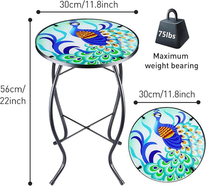 Arbuxzuy 12 Inch Small Outdoor Side Table with Colorful Peacock, Glass Mosaic Patio Table Indoor, Round Plant Coffee Table for Living Room, Balcony, Garden