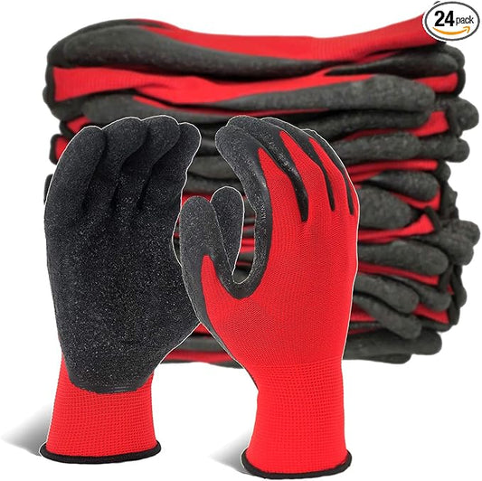 Evridwear Crinkle Latex Rubber Hand Coated Safety Work Gloves for Men Women General Multi Use Construction Warehouse Gardening Assembly Landscaping,Red Large 12 Pairs Pack