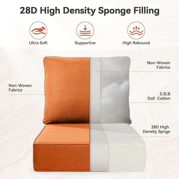 Luxury 6" Outdoor Cushions for Patio Furniture, 24x24x6" Thick Seat Cushion Set of 3, Fade Resistant Couch Chair Replacement Cushions High Density Deep Wicker Chair Cushion w/ Removable Cover, Orange