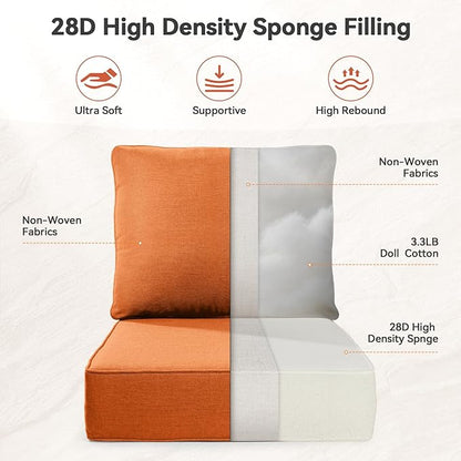 Luxury 6" Outdoor Cushions for Patio Furniture, 24x24x6" Thick Seat Cushion Set of 3, Fade Resistant Couch Chair Replacement Cushions High Density Deep Wicker Chair Cushion w/ Removable Cover, Orange