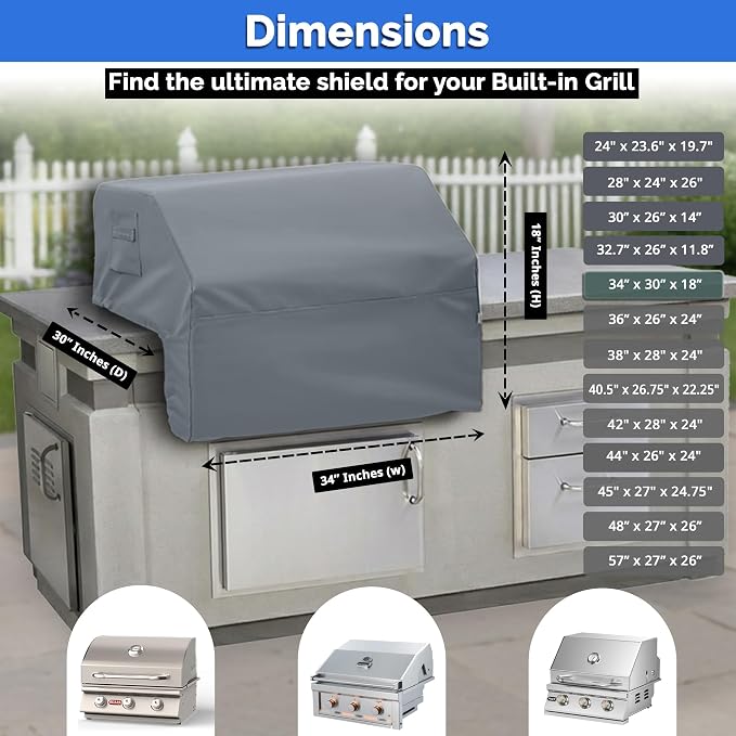 Covers & All Built-in Grill Cover for Outdoor Grill – Heavy Duty 12 oz Waterproof Built-in BBQ Grill Cover, PVC-Coated Polyester with Elastic Hem for Snug Fit (34 x 30 x 18 inches, Grey)