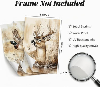 3Pcs Rustic Outdoor Wildlife Canvas Wall Art,Watercolor Deer Duck And Fish Posters Prints,Vintage Farmhouse Hunting Wall Decor Pictures,for Living Room Bathroom Kitche Home Decoration