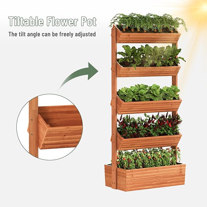 Vertical Wooden Raised Garden Bed, Garden Planters Freestanding Wood Plant Stand Flower Rack Wooden Planter Box for Plants Herbs Flowers Vegetables Outdoor Indoor Gardening (5-Tier Brown)