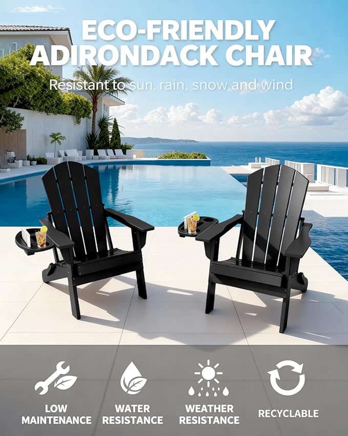 Adirondack Chair Set of 8, HDPE Folding Adirondack Chair with Multifunctional Cup Holder, Weather Resistant Fire Pit Chair for porches, patios, poolsides, Decks.