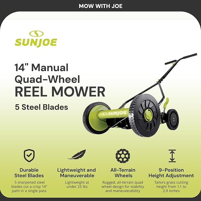 Sun Joe Manual Push Reel Lawn Mower with 9 Adjustable Positions, 14-Inch Cutting Width - Heavy-Duty Yard Trimming Machine for Gardening Care and Maintenance, MJ503M