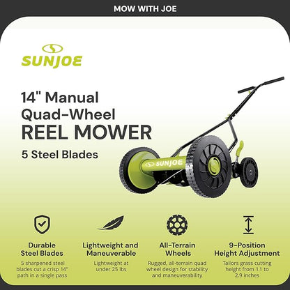 Sun Joe Manual Push Reel Lawn Mower with 9 Adjustable Positions, 14-Inch Cutting Width - Heavy-Duty Yard Trimming Machine for Gardening Care and Maintenance, MJ503M