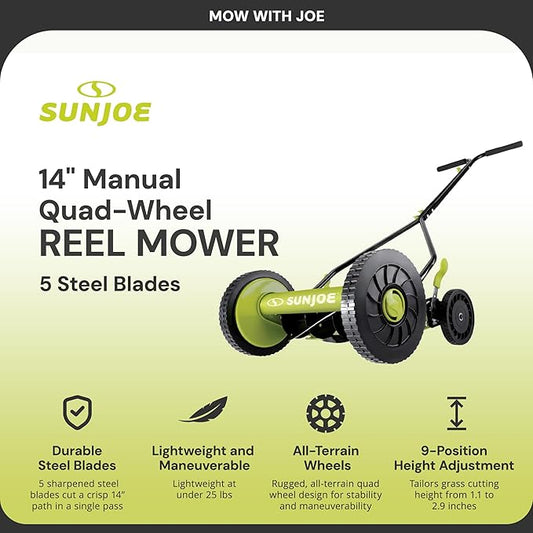 Sun Joe Manual Push Reel Lawn Mower with 9 Adjustable Positions, 14-Inch Cutting Width - Heavy-Duty Yard Trimming Machine for Gardening Care and Maintenance, MJ503M