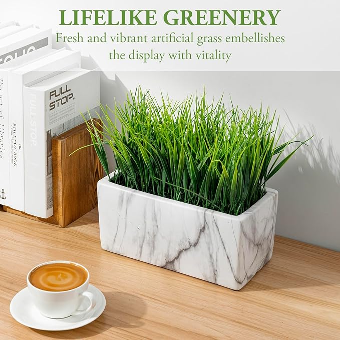 MyGift 10 Inch Artificial Green Grass Plant in Rectangular White Marble Pattern Ceramic Planter Pot