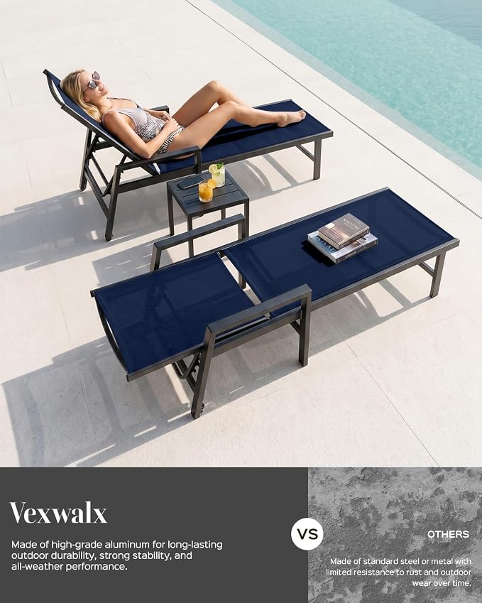 Patio Chaise Lounge Chair Outdoor with Wheels&Armrests, Aluminum Pool Lounge Chairs Set of 2 Five-Position Adjustable Recliner, Outdoor Beach Lounge Chairs for Outside, Patio, Deck, Yard, Navy Blue