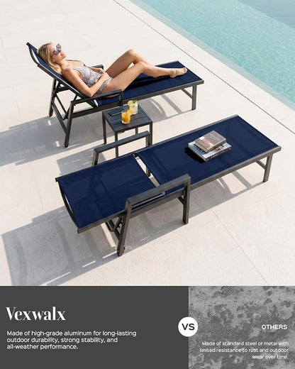 Patio Chaise Lounge Chair Outdoor with Wheels&Armrests, Aluminum Pool Lounge Chairs Set of 2 Five-Position Adjustable Recliner, Outdoor Beach Lounge Chairs for Outside, Patio, Deck, Yard, Navy Blue