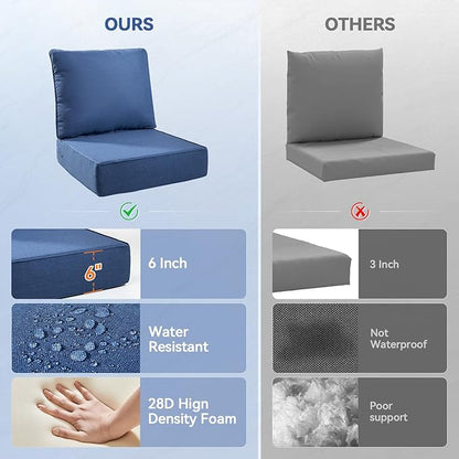 Luxury 6" Outdoor Cushions for Patio Furniture, 24x24x6" Thick Seat Cushion Set of 6, Fade Resistant Couch Chair Replacement Cushions High Density Deep Wicker Chair Cushion w/ Removable Cover, Blue