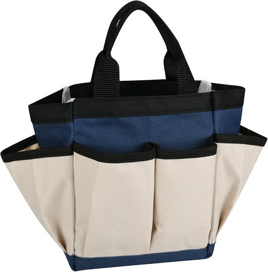 Small Garden Tool Bag Waterproof Gardening Hand Tool Storage Bag Heavy Duty Oxford Tote Organizer Bag with 8 Pockets, Garden Utensil Handbag for Women Men (Beige)