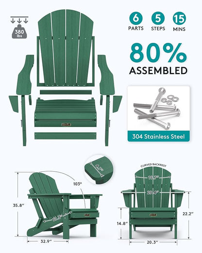 SERWALL Foldable Adirondack Chair Set of 2 for Patio Garden Outdoors Fire Pit Chairs-Green