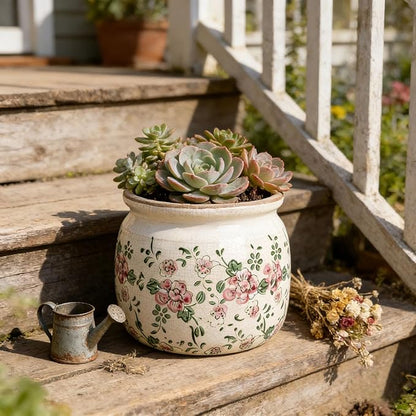 Flower Pots Planters for Indoor Plants Ceramic Plant Pots with Drainage 6.1 Inch Vintage Ceramic Pots for Plants Outdoor Home Garden Decor, Rustic Pink Camellia