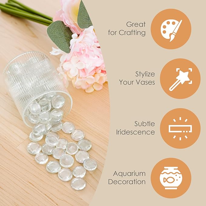Houseables Glass Marbles, Glass Beads for Vases, Marbles for Vases, 5LB, 500-600, Clear Beads, Clear Gems, Fillers for Centerpieces, Decorative Rocks, Flat, Stones, Pebbles, Crafts, Plants, Fish Bowl