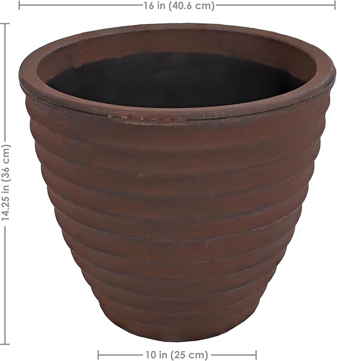 Sunnydaze Ribbed 16" Outdoor Plant Pot - Polyresin Double-Walled Planter for Indoor or Outdoor Use - Rust