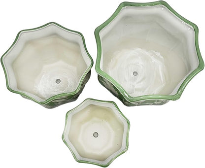 Galt International Green & White Round Fluted Floral Porcelain Ceramic Plant Flower Planter Pot Set of 3 (7.5", 10", 13") Garden Pots Chinese Asian Design