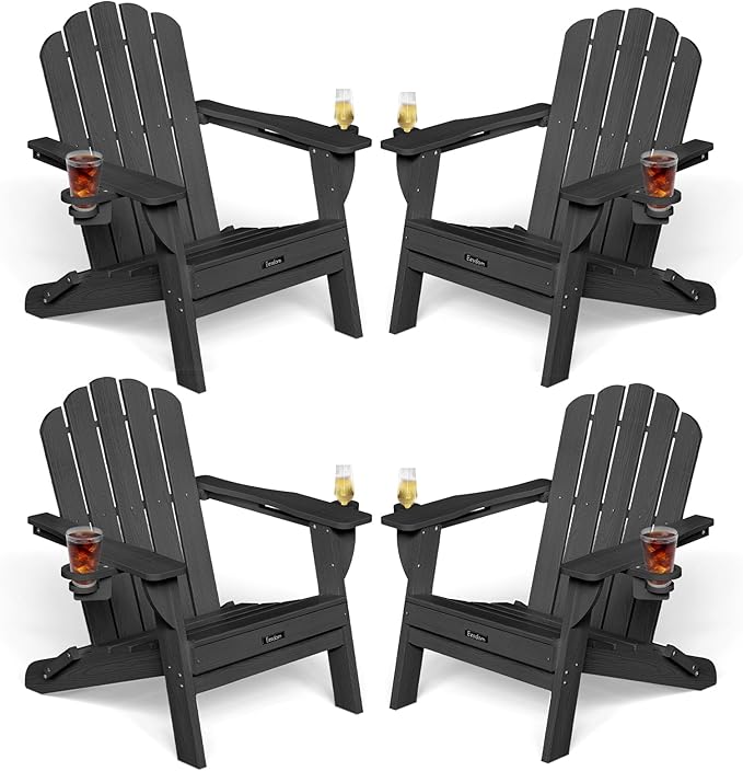 Folding Adirondack Chairs Set of 4,All-Weather HDPE Fire Pit Chair with 2 Cup Holders, Plastic Outdoor Chair for Patio Deck Garden Lawn, Black
