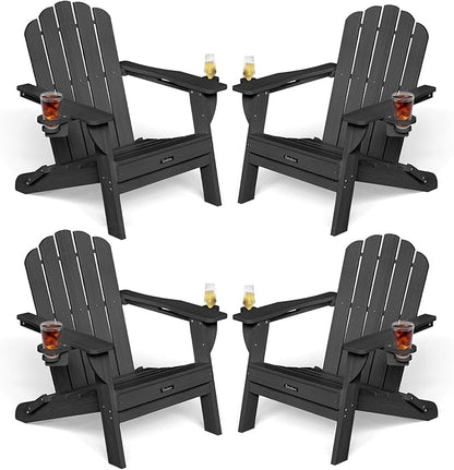 Folding Adirondack Chairs Set of 4,All-Weather HDPE Fire Pit Chair with 2 Cup Holders, Plastic Outdoor Chair for Patio Deck Garden Lawn, Black