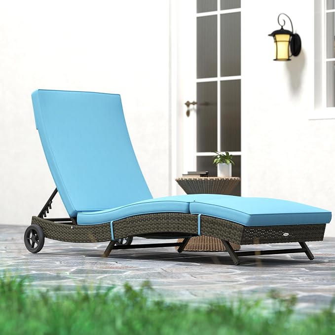 Outsunny Wicker Chaise Lounge Chair Outdoor with Wheels & Cushion, PE Rattan Patio Lounge Chair with 5-Level Adjustable Backrest for Poolside, Garden, Sky Blue