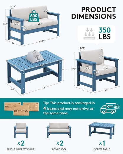 SERWALL 5 Pieces HDPE Outdoor Sofa Set with Cushions, All Weather Use Patio Conversation Couch Loveseat Furniture with Coffee Table for Balcony, Deck, Poolside, Blue Frame with Khaki Cushions