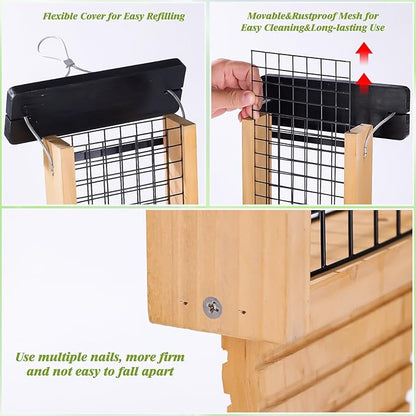 Wooden Suet Bird Feeder for Outside Hanging, Large Woodpecker Suet Feeder with Tail Prop, Double Suet Cakes Hanging Bird Feeder for Wild Birds, 1 Pack, Black