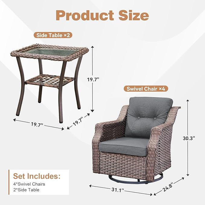 Outdoor Wicker Glider Rocker Set of 2, All Weather PE Rattan Swivel Rocking Chair with Side Table for Yard, Balcony, Deck, Porch (Dark Gray, 6PC-Swivel Gliders & Side Table)