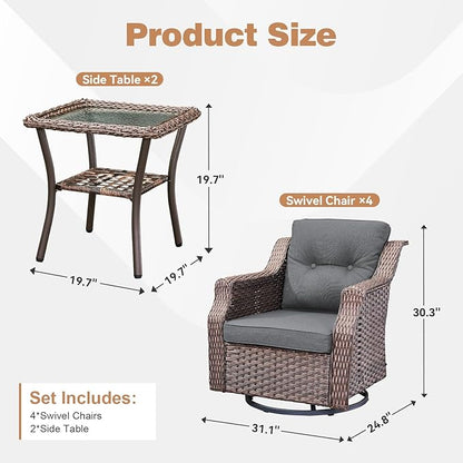Outdoor Wicker Glider Rocker Set of 2, All Weather PE Rattan Swivel Rocking Chair with Side Table for Yard, Balcony, Deck, Porch (Dark Gray, 6PC-Swivel Gliders & Side Table)