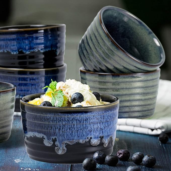 Ramekin Set, UNICASA 8 oz Creme Brulee Ramekins, Oven Safe Baking Set for Custard, Pudding, Souffle Cups, Reactive Gray (Blue, 8oz x 2pc)