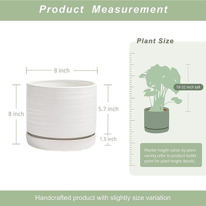 HERDUK 8 Inch Pots for Plants, Ceramic Planter Pot with Drainage Hole & Saucer, Indoor/Outdoor Cylinder Round Planter Pot, Matte White
