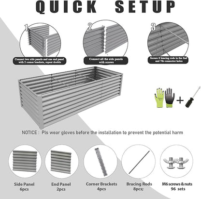 1 Pack 8x3x2FT Galvanized Raised Garden Bed Kit Retangular Metal Ground Planter Box Outdoor Bottomless Planter Raised Beds for Vegetables Flowers Herbs Fruits, Gray