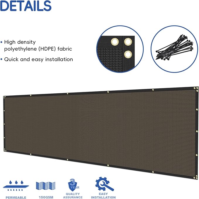 4' x 167' Privacy Fence Screen Brown Net Fencing 90% Privacy Blockage Windscreen Mesh Shade Cover with Copper Grommet for Patio Backyard Garden Deck Pool, Zip Ties Included