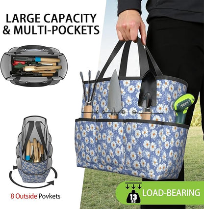 Daisy Flowers Garden Tool Bag - Waterproof Garden Tote with 8 Pockets, Large Storage Home Organizer Gardening Tool Oxford Bag for Garden Tools Kits Holder, Ideal Outdoor Gardening Gift for Women & Men