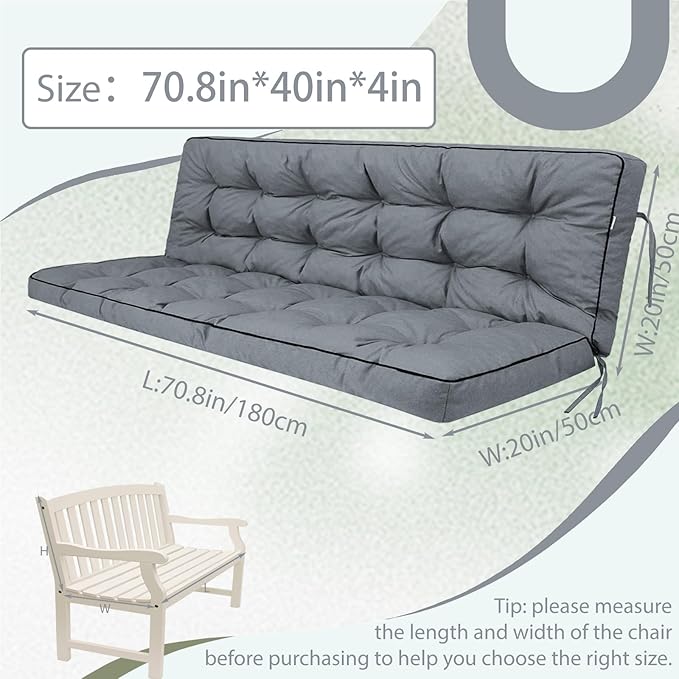 2/3 Seater Swing Replacement Cushion, Waterproof Porch Swing Cushions with Backrest, Thickened Bench Cushions for Outdoor Furniture, for Outdoor Patio Swing (Light Grey, 70.8 * 40in)