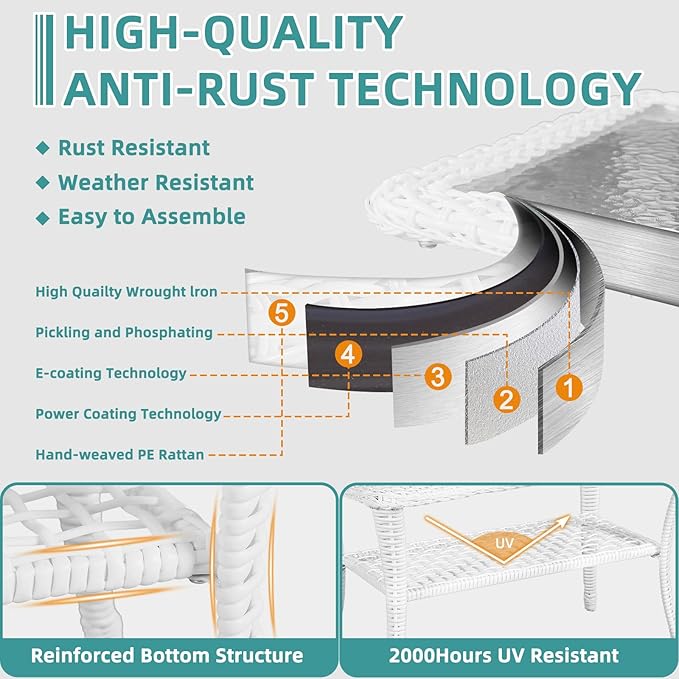 MEETWARM Wicker Patio Coffee Table, 34.5" Rectangle Outdoor Coffee Table with Tempered Glass Top and 2-Tier Storage Shelf, All-Weather Rattan Patio Side Table for Outside Poolside Deck Garden, White