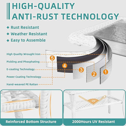 MEETWARM Wicker Patio Coffee Table, 34.5" Rectangle Outdoor Coffee Table with Tempered Glass Top and 2-Tier Storage Shelf, All-Weather Rattan Patio Side Table for Outside Poolside Deck Garden, White