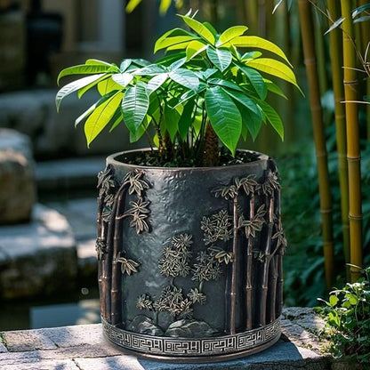 Flower Pot, 6 Inch Resin Plant Pots with Bamboo Design, Chinese Antique Style Decorative Plant Pots with Drainage for Indoor Plants Home Office Decor