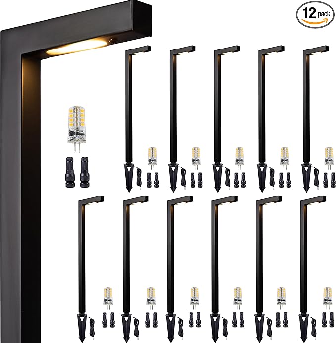 Gardenreet Brass Low Voltage Landscape Path Lights, Black Wired Pathway Lights, Outside IP65 LED Bronze L Shape Driveway Lights for Backyard Garden House with 3W 270LM 5000K G4 Bulb 12 Pack