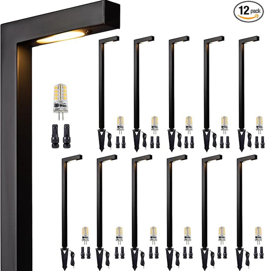 Gardenreet Brass Low Voltage Landscape Path Lights, Black Wired Pathway Lights, Outside IP65 LED Bronze L Shape Driveway Lights for Backyard Garden House with 3W 270LM 5000K G4 Bulb 12 Pack