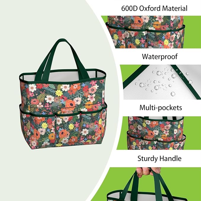 Daisy Flowers Garden Tool Bag - Waterproof Garden Tote with 8 Pockets, Large Storage Home Organizer Gardening Tool Oxford Bag for Garden Tools Kits Holder, Ideal Outdoor Gardening Gift for Women & Men