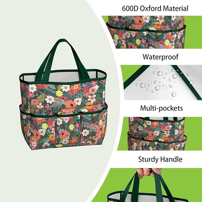 Daisy Flowers Garden Tool Bag - Waterproof Garden Tote with 8 Pockets, Large Storage Home Organizer Gardening Tool Oxford Bag for Garden Tools Kits Holder, Ideal Outdoor Gardening Gift for Women & Men