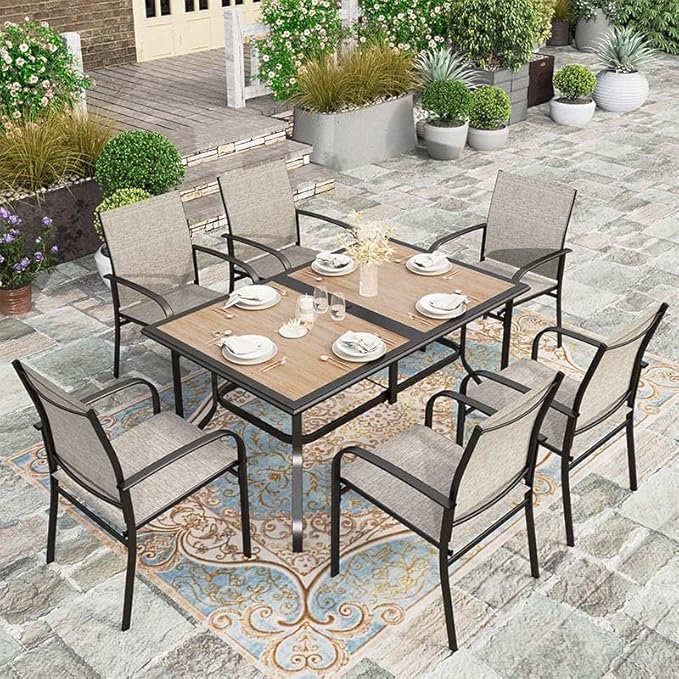 HERA'S HOUSE Patio Table and Chairs Set, 60" Rectangular Outdoor PVC Table with Umbrella Hole, 7 Pieces Outdoor Dining Furniture Sets with 6 Patio Chairs for Backyard Lawn Garden Porch(Brown)
