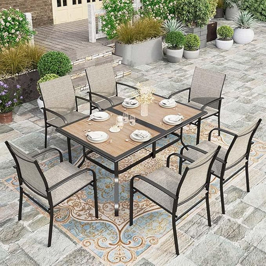 HERA'S HOUSE Patio Table and Chairs Set, 60" Rectangular Outdoor PVC Table with Umbrella Hole, 7 Pieces Outdoor Dining Furniture Sets with 6 Patio Chairs for Backyard Lawn Garden Porch(Brown)