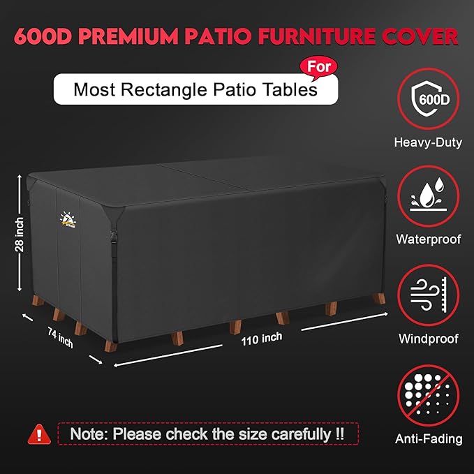 Zettum Patio Furniture Cover Rectangle - 110 Inch Outdoor Table Cover Waterproof & Heavy Duty, Large 600D Lawn Furniture Sofa Set Covers for Outside Dining Table and Chairs Combo - 110 x 74 x 28 Inch