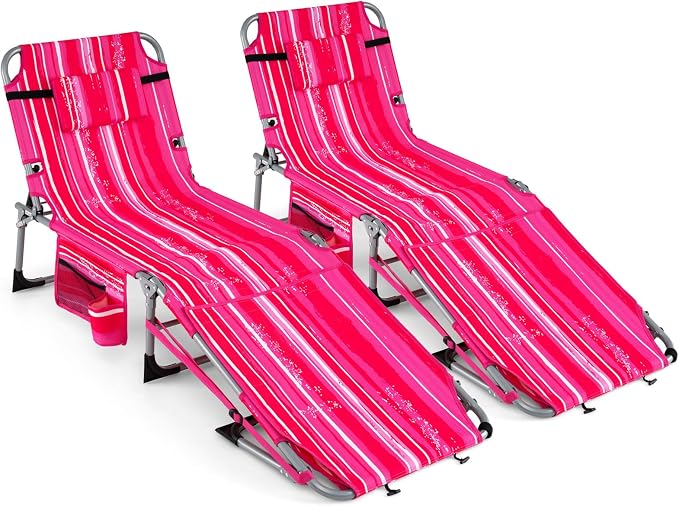 GYMAX Tanning Chair, 330LBS Beach Lounge Chair w/Face Arm Hole & Shoulder Strap, Folding Layout Sunbath Chair, Face Down Outdoor Chaise Lounger for Patio, Poolside, Lawn, Backyard (2, Pink Stripe)