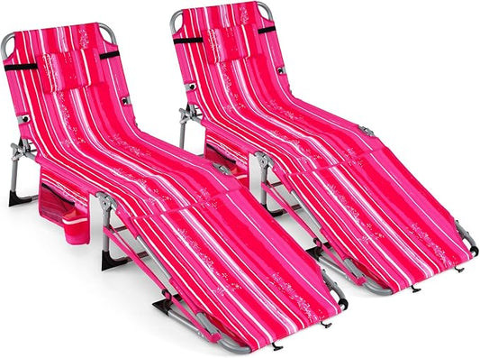 GYMAX Tanning Chair, 3 in 1 Sun Bathing Lounge Chairs with Face/Arm Holes & Side Pocket, Portable Lightweight Face Down Layout Tanning Chair for Outside, Beach, Backyard, Poolside (2, Pink Stripe)