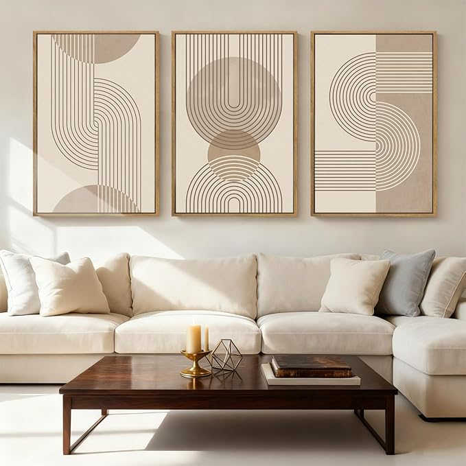 Anyzal Extra Large Boho Neutral Abstract Framed Wall Art 24x36 Inch Beige Modern Minimalist Canvas Wall Decor Mid-century Geometric Artwork for Living Room Bedroom Set of 3